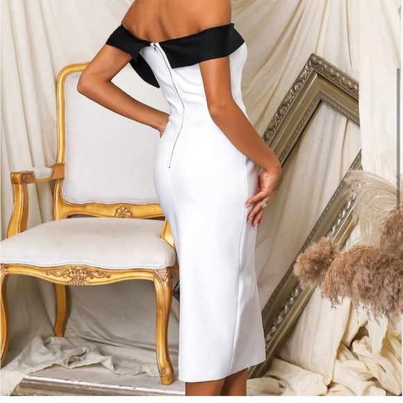Two Tone Off Shoulder Bow Front Split Thigh Bandage midi Dress - Picture 2 of 3